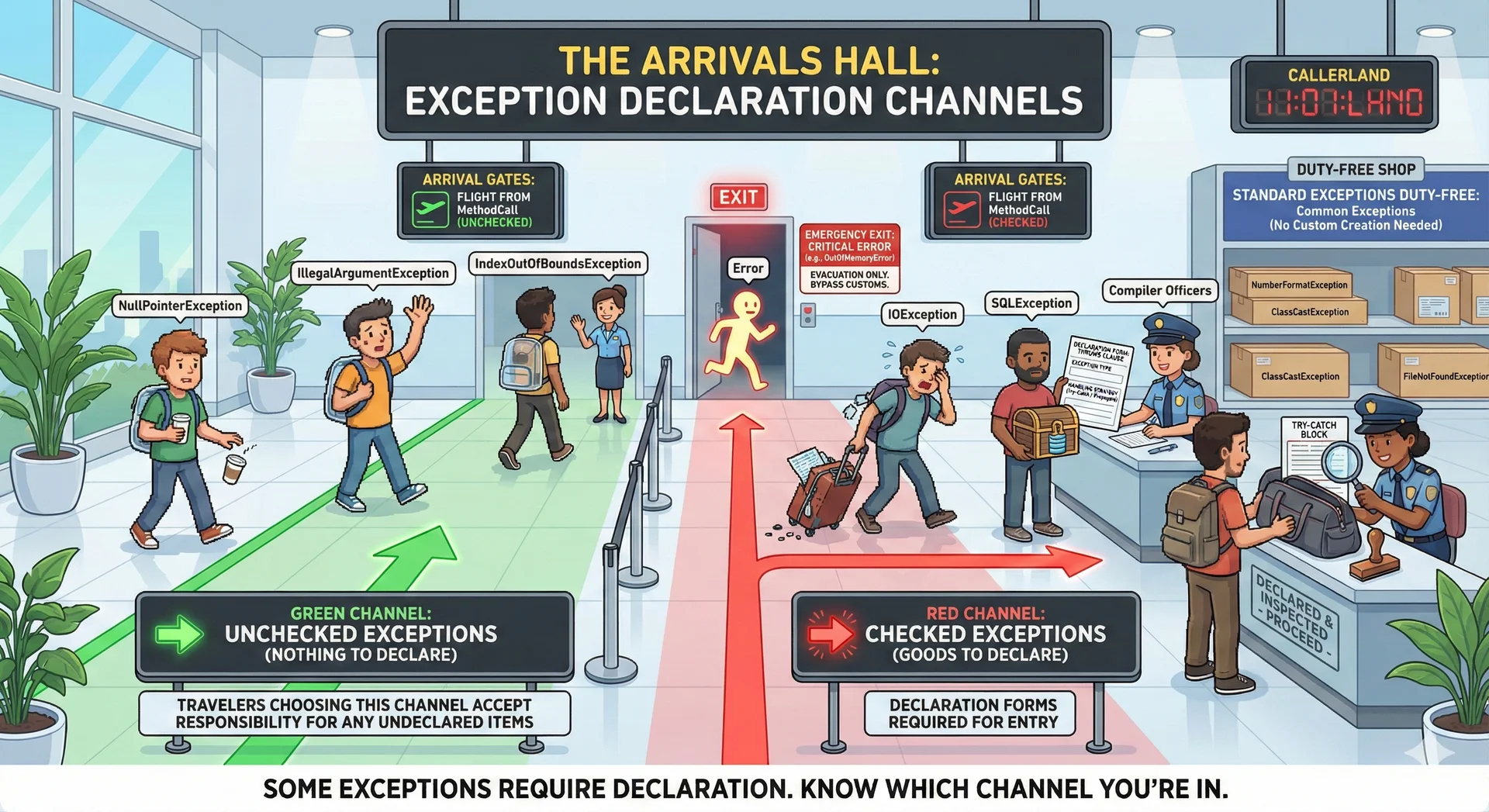 Airport arrivals hall showing checked vs unchecked exception handling channels