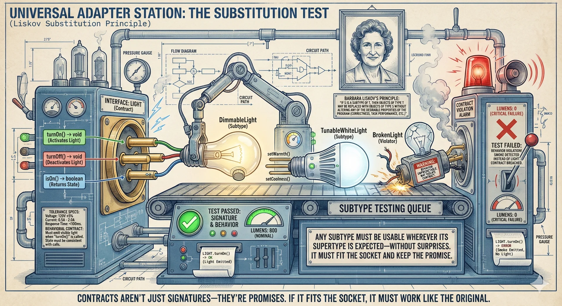 Testing station verifying subtype substitutability with Light interface sockets