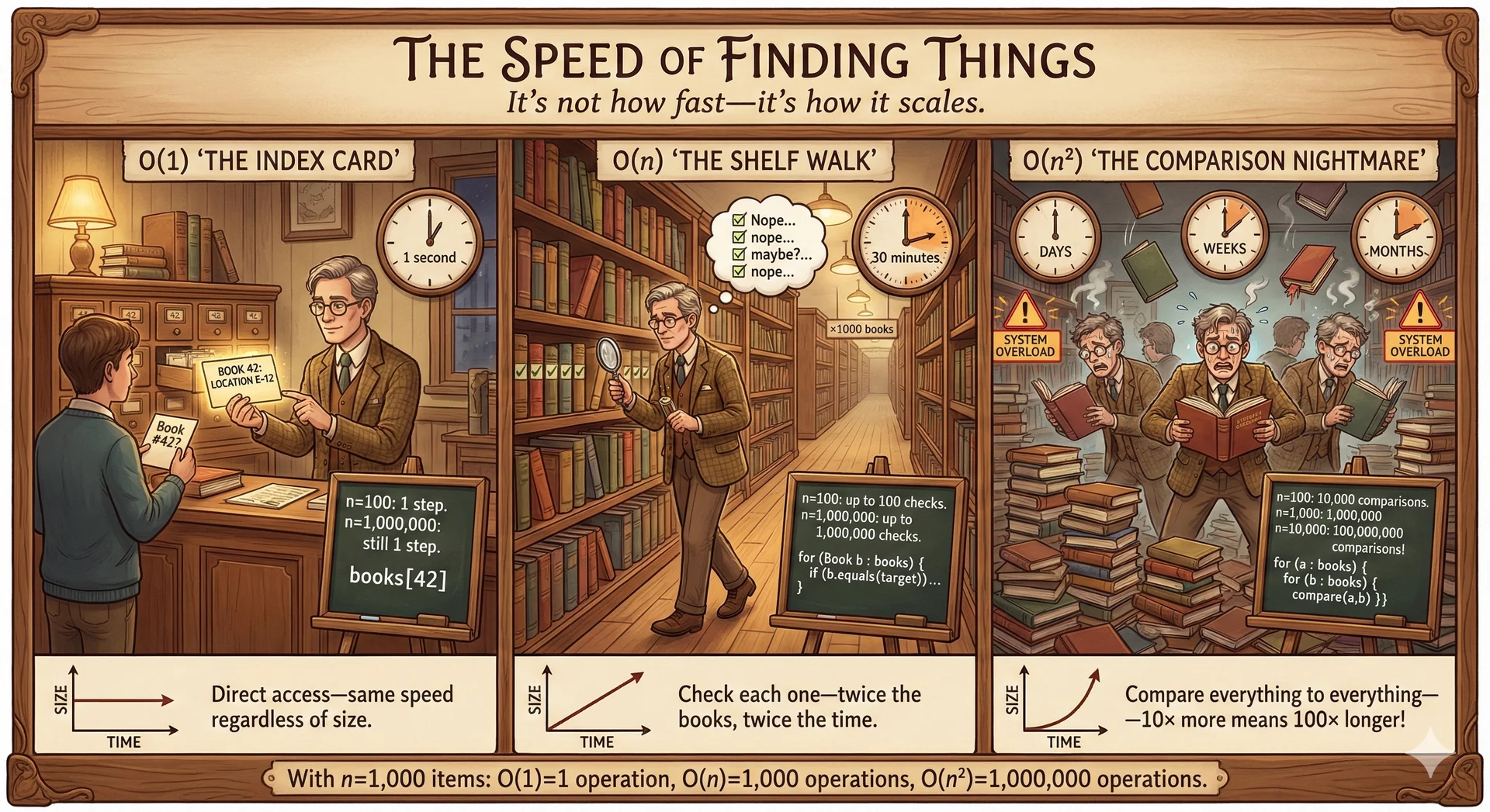Library triptych comparing O(1), O(n), and O(n²) search algorithms