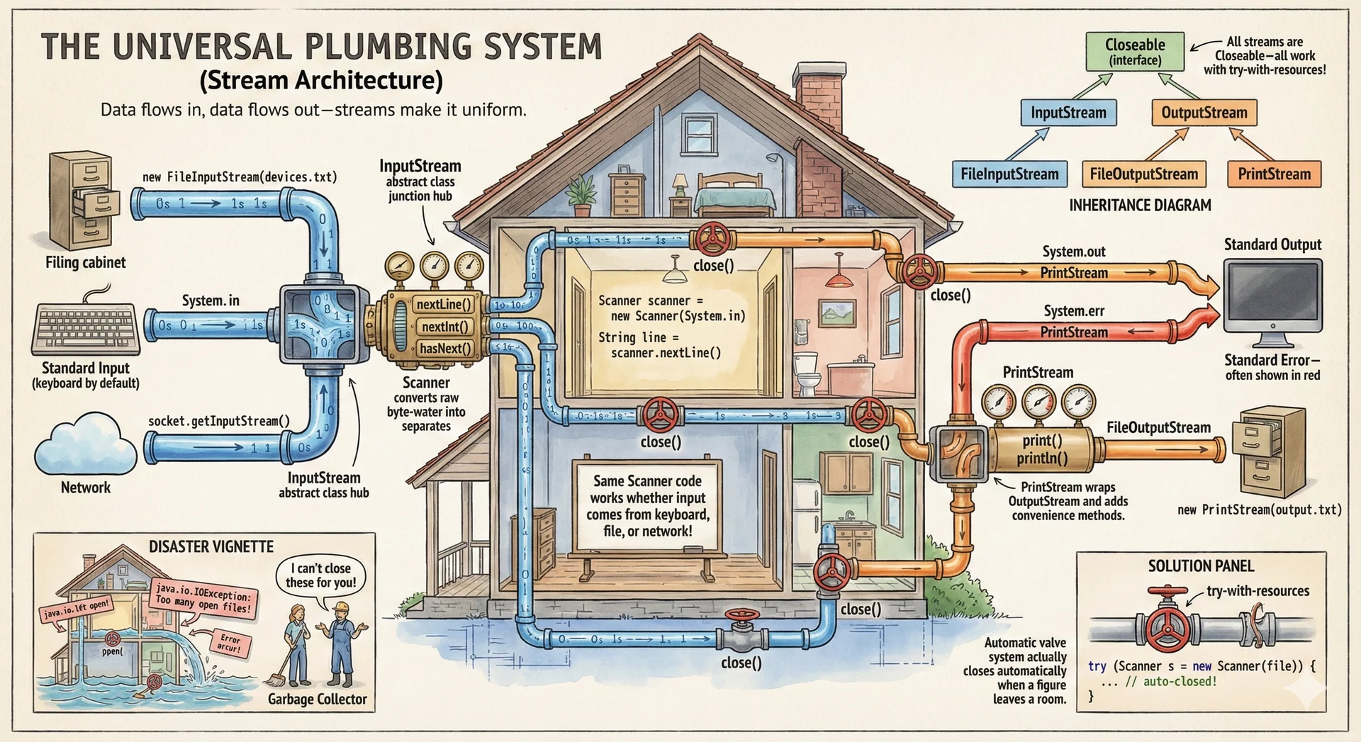 House cross-section showing Java I/O streams as plumbing with input/output pipes