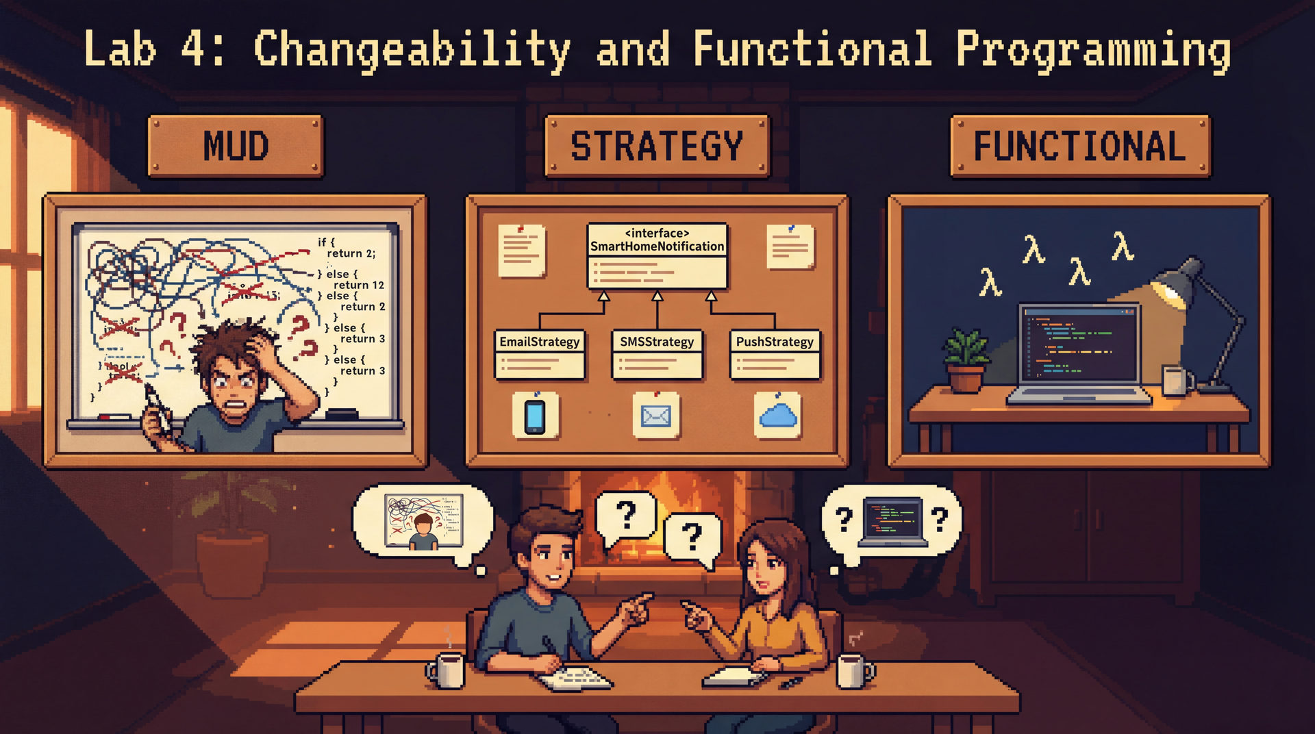 Lo-fi pixel art showing three side-by-side panels, each depicting the same smart home notification scenario implemented differently. Left panel: A tangled mess of wires and if/else branches on a whiteboard labeled 'MUD' with a stressed developer. Middle panel: Clean organized boxes connected by arrows labeled 'STRATEGY' with interface/class diagrams on a corkboard. Right panel: A sleek minimalist desk with lambda symbols (λ) floating above a laptop, labeled 'FUNCTIONAL'. At the bottom, two developers sit together at a table between the panels, pointing at the options and discussing (speech bubbles with '?' and thought bubbles), representing the collaborative decision-making aspect. Title: 'Lab 4: Changeability and Functional Programming'. Warm evening lighting, cozy atmosphere.